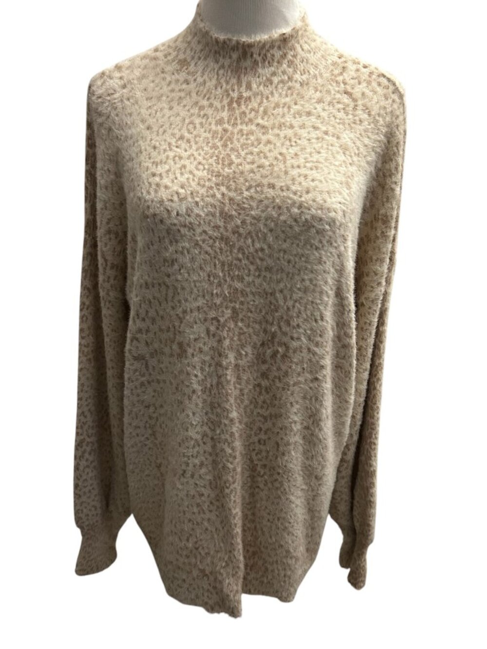 Chico’s Size 2 US L Large Animal Eyelash Pullover Sweater Long Sleeve Beige NWT